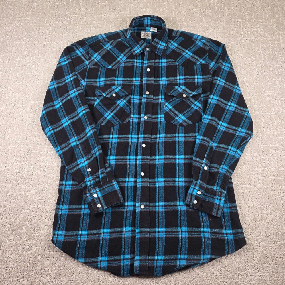 Gibson Trading Company Mens Blue Black Plaid Western‎ Pearl Snap Flannel Shirt M